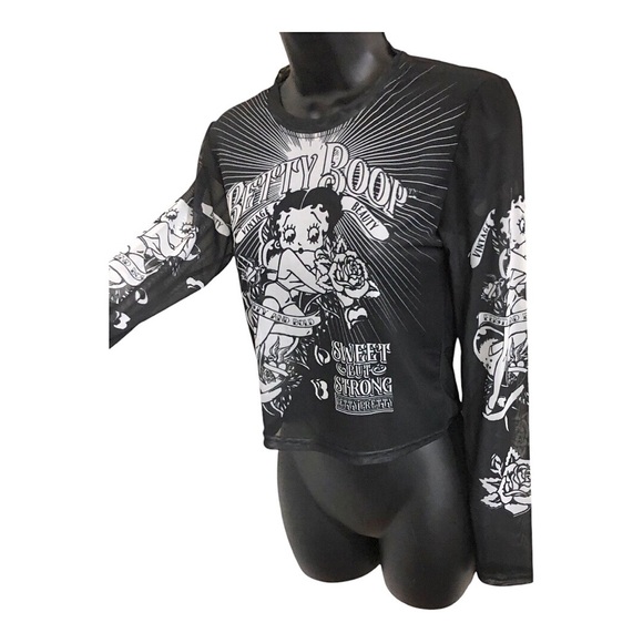 Betty Boop black sheer mesh sweet but strong graphic print long sleeve tee sz M - Picture 8 of 13